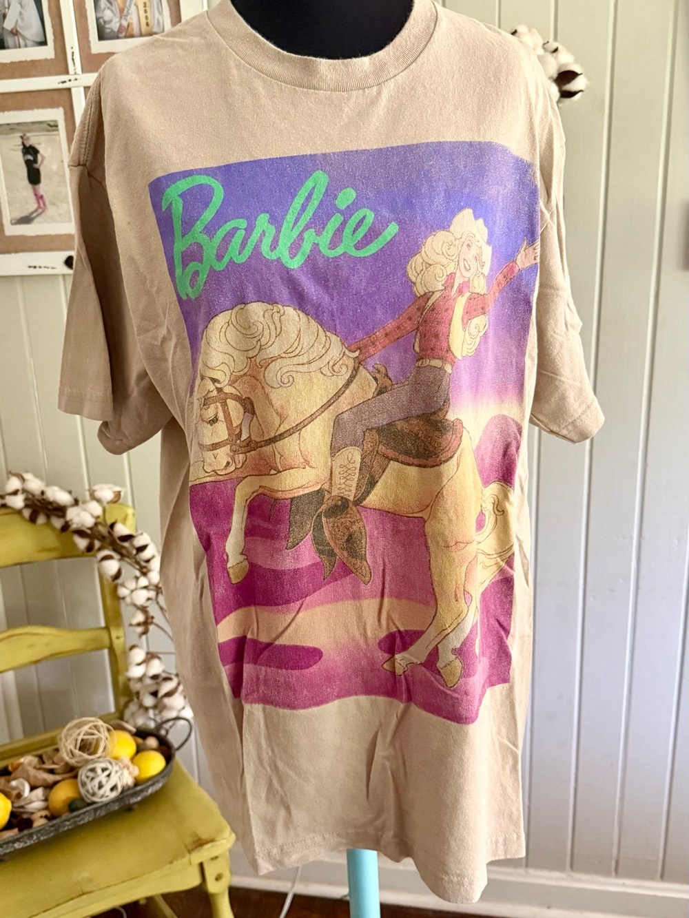 Cowgirl Barbie Beige Tee with Purple, Pink & Green Graphic Size Large